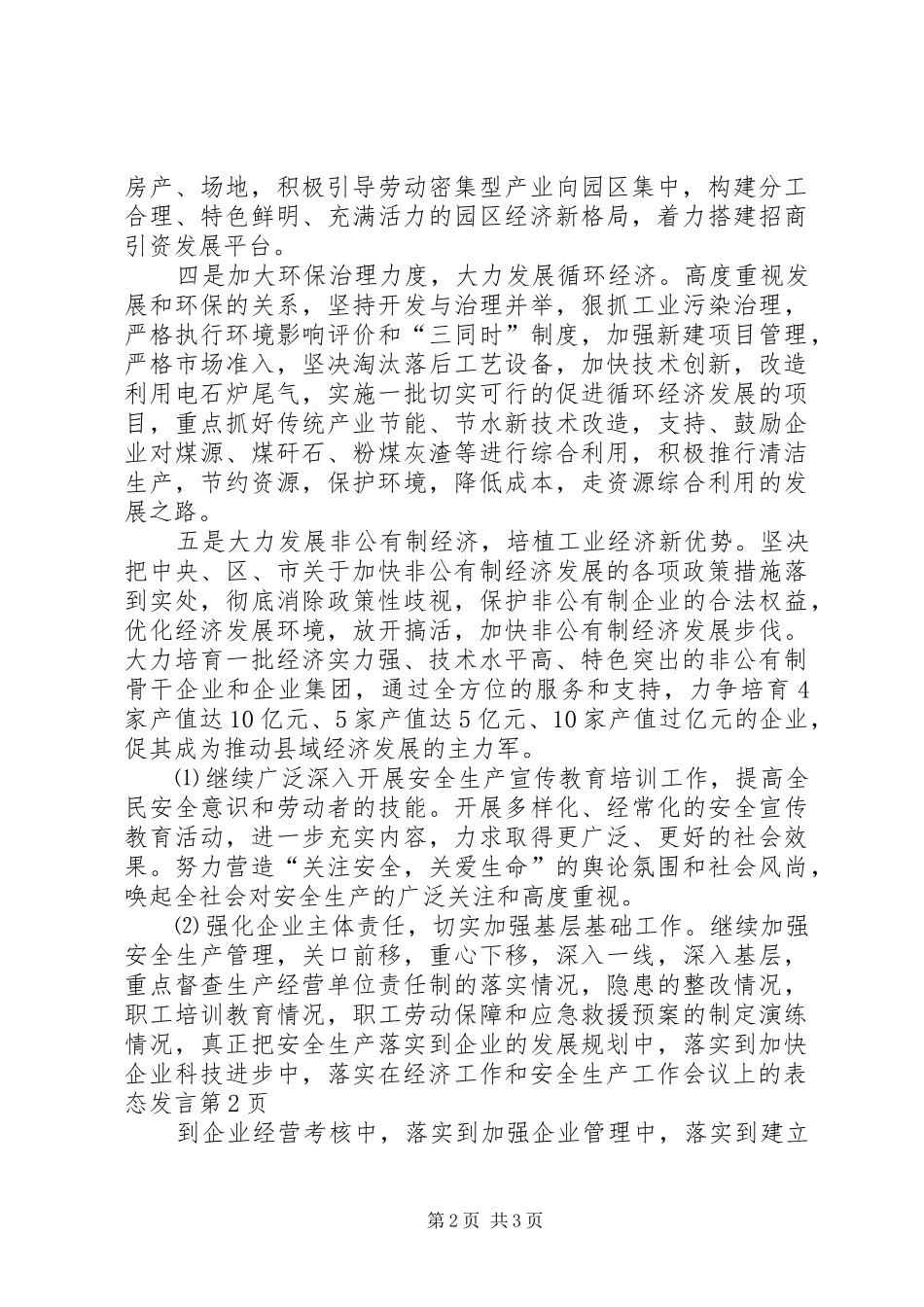 在经济工作和安全生产工作会议上的表态发言稿_第2页