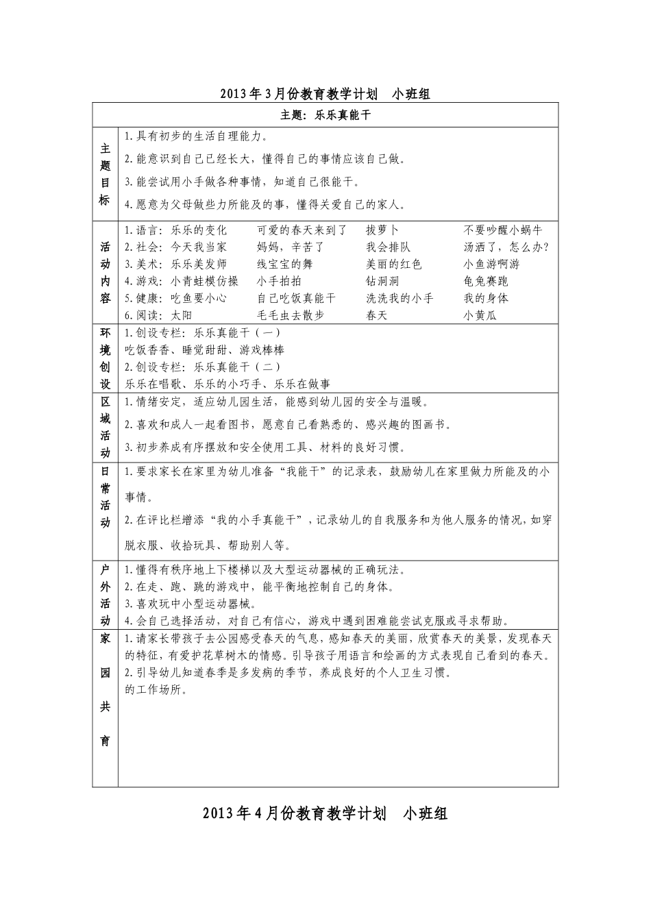 2013年3月份教育教学计划小班组_第1页