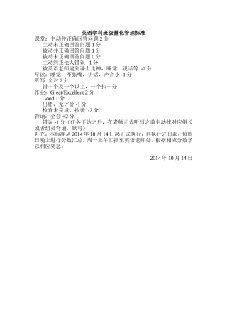 英语学科班级量化管理标准