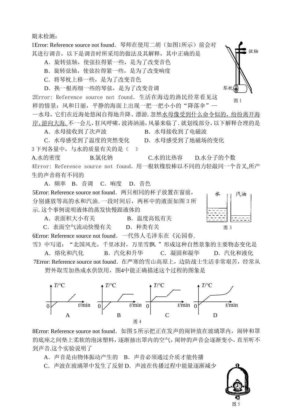 初中物理8年级期末模拟试题(无答案)_第1页