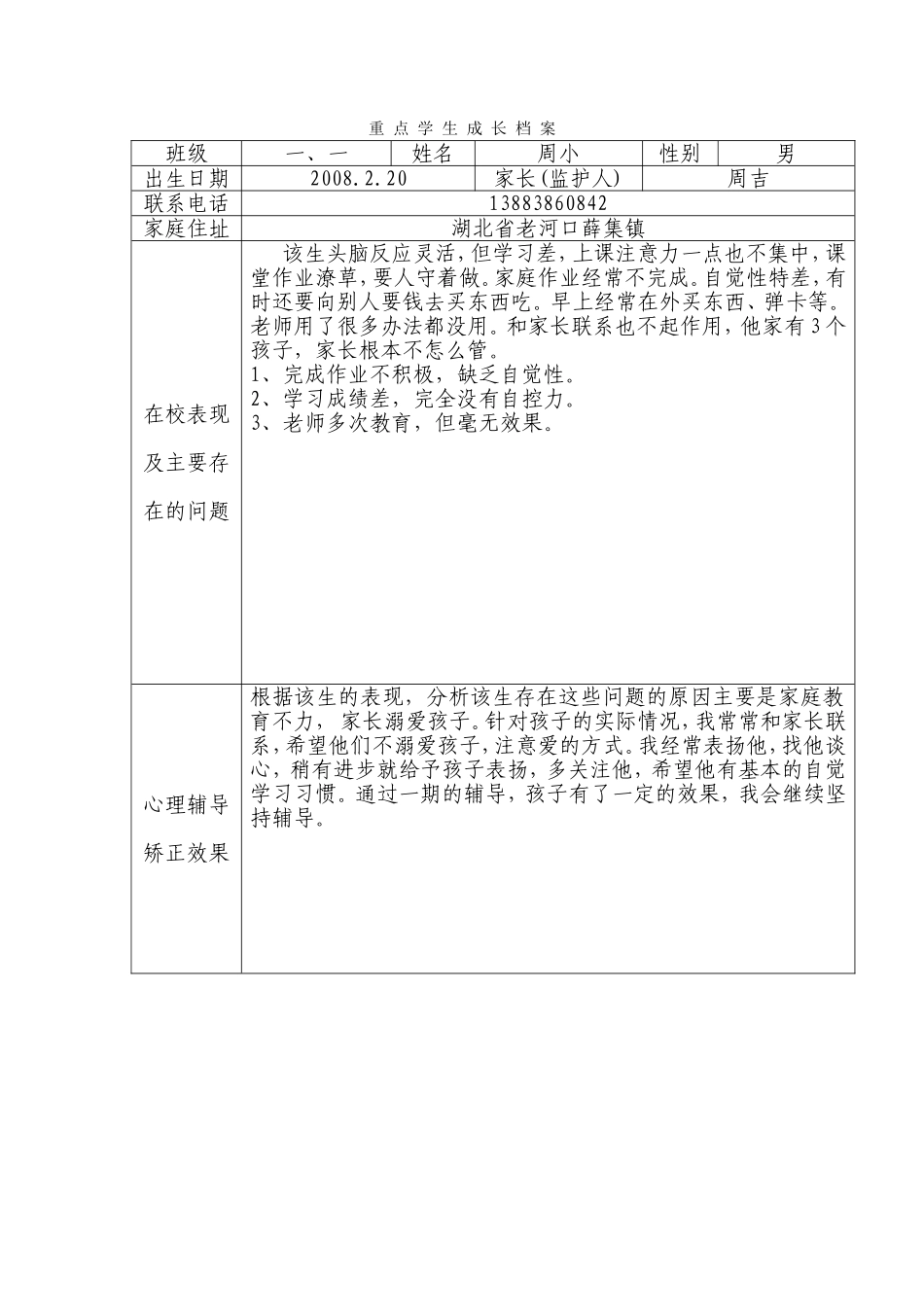 薛集中学重点学生成长档案_第1页