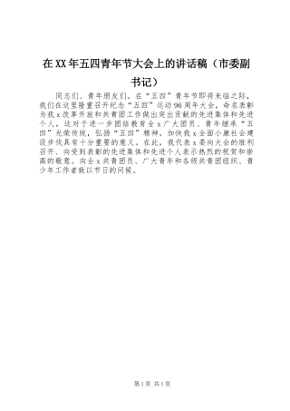 在XX年五四青年节大会上的讲话发言稿（市委副书记）