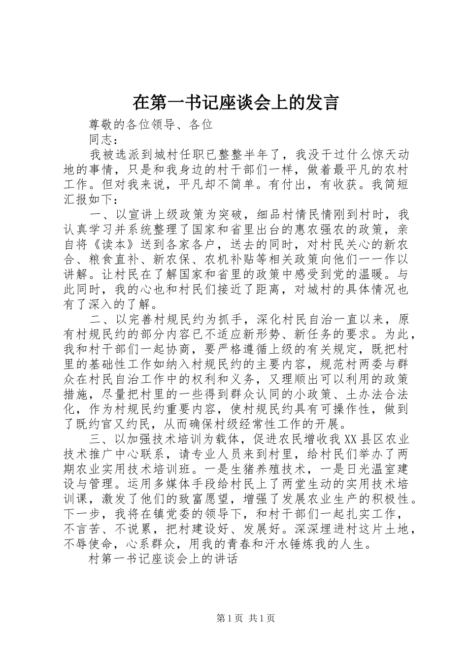 在第一书记座谈会上的发言稿_第1页
