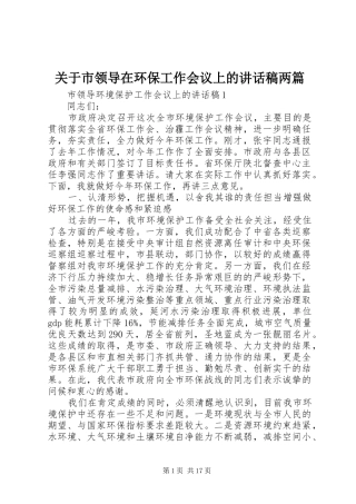 关于市领导在环保工作会议上的讲话发言稿两篇
