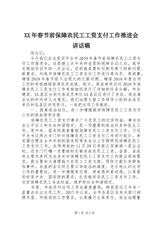 XX年春节前保障农民工工资支付工作推进会讲话发言稿