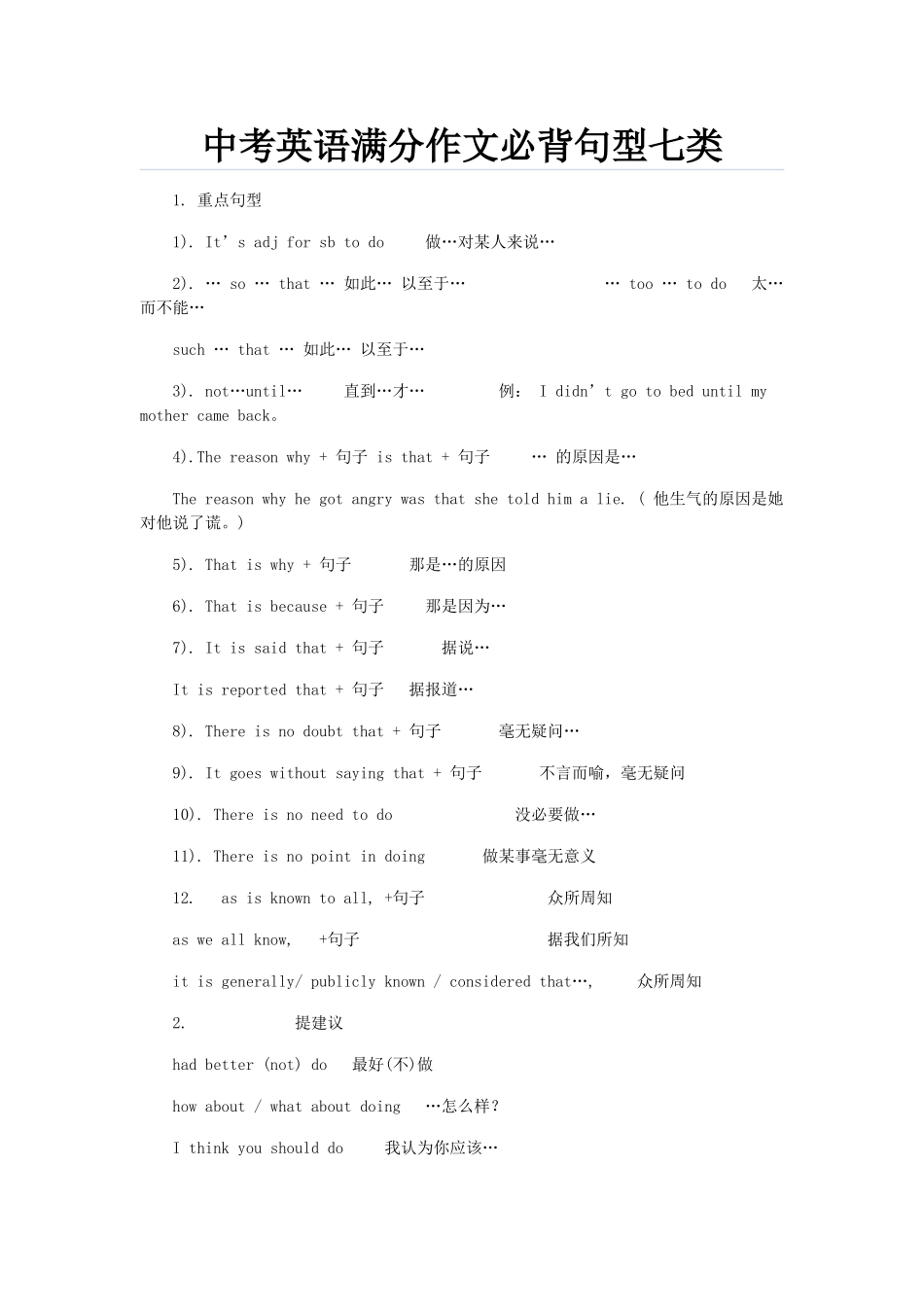 中考英语满分作文必背句型七类_第1页