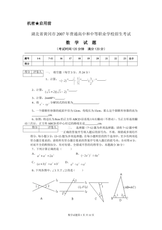 湖北省黄冈市2007年中考数学试题及答案