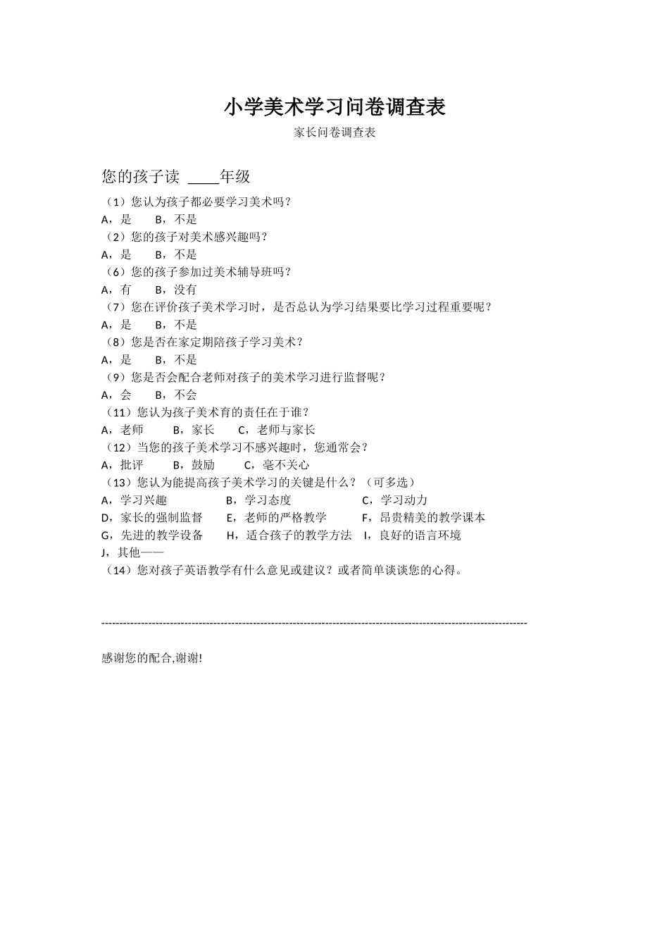 小学美术学习问卷调查表_第1页