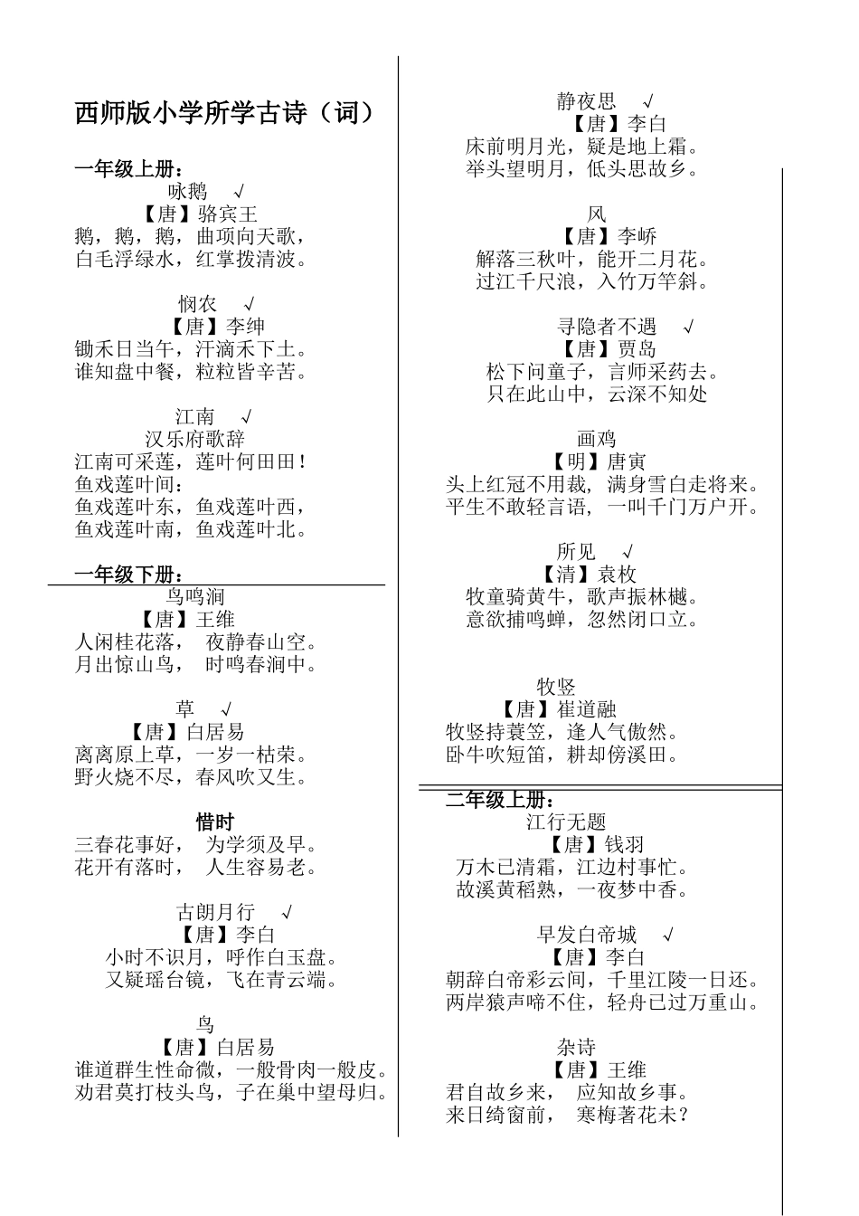 西师版小学语文1-6年级古诗词集锦_第1页