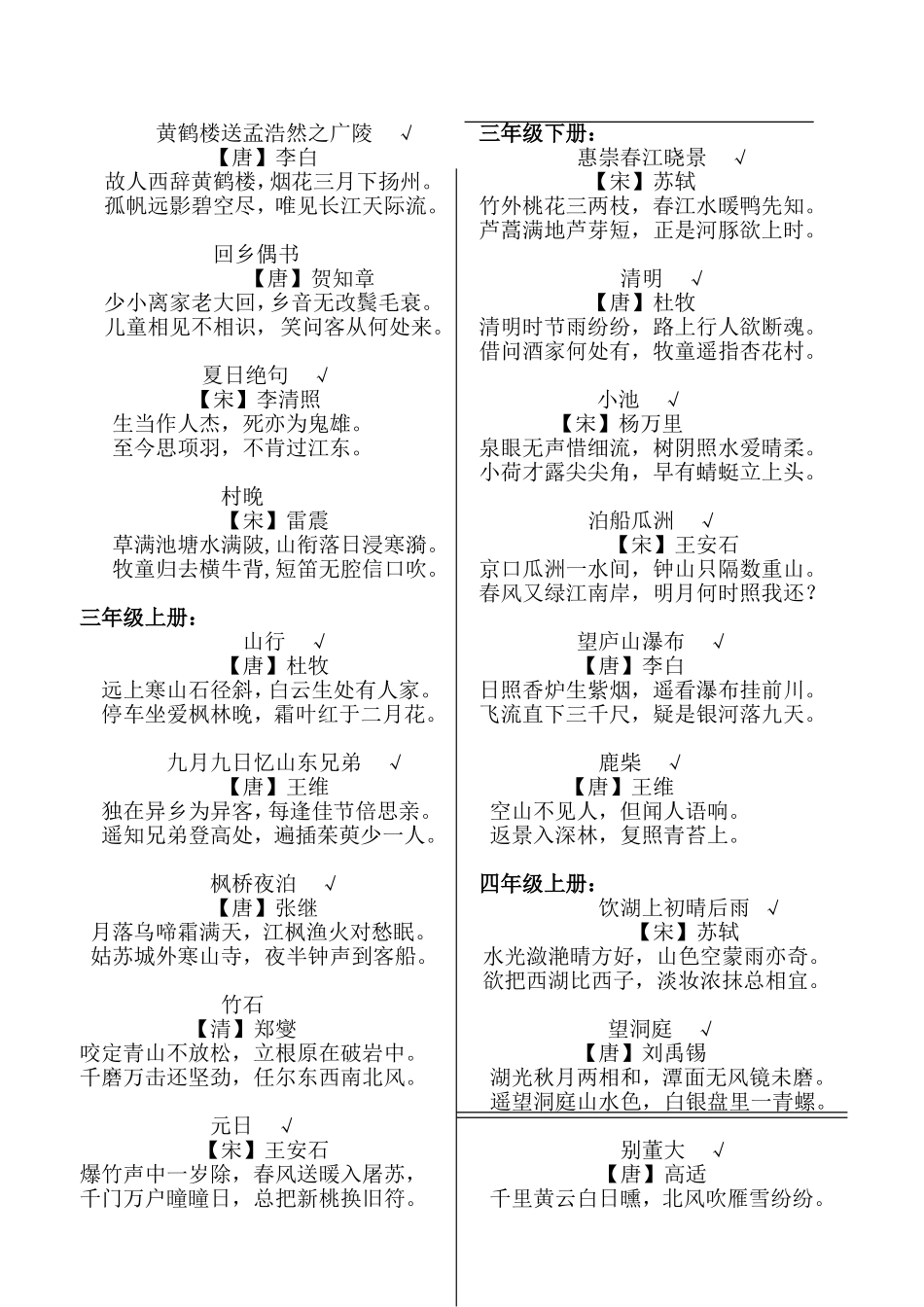 西师版小学语文1-6年级古诗词集锦_第3页