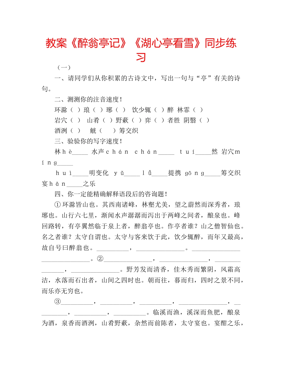 教案《醉翁亭记》《湖心亭看雪》同步练习 _第1页