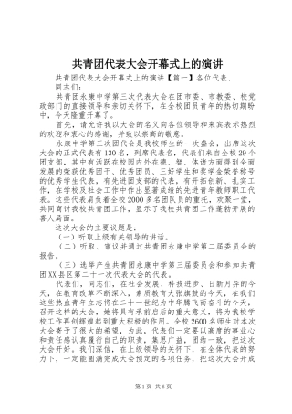 共青团代表大会开幕式上的演讲稿