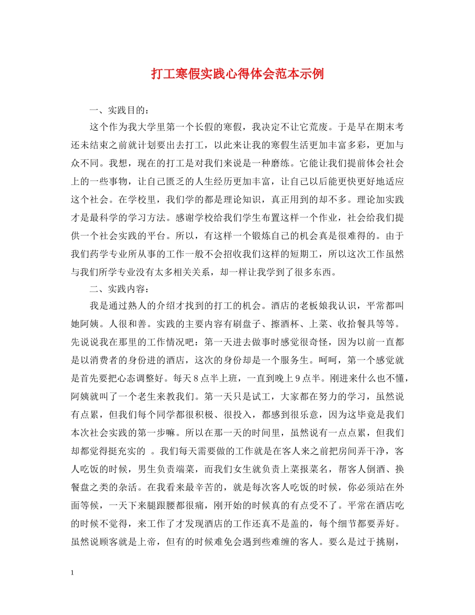 打工寒假实践心得体会范本示例 _第1页