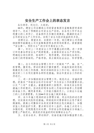 安全生产工作会上的表态发言稿