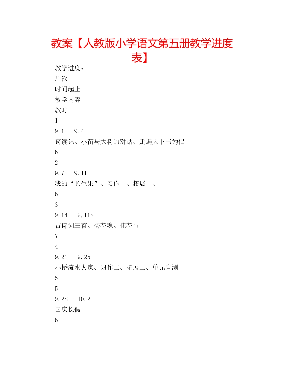 教案【人教版小学语文第五册教学进度表】 _第1页