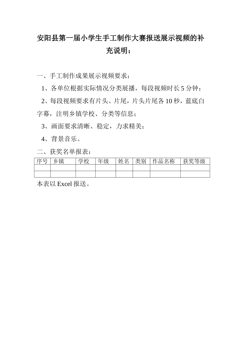 安阳县第一届小学生手工制作大赛报送展示视频的补充说明_第1页