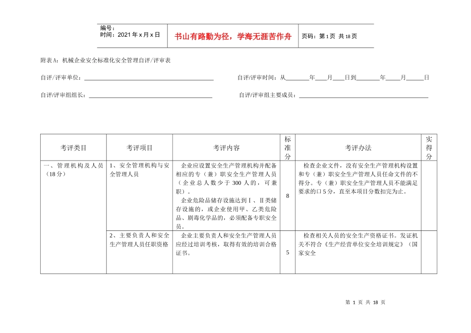 南通市机械企业安全标准化安全管理自评及评审表_第1页