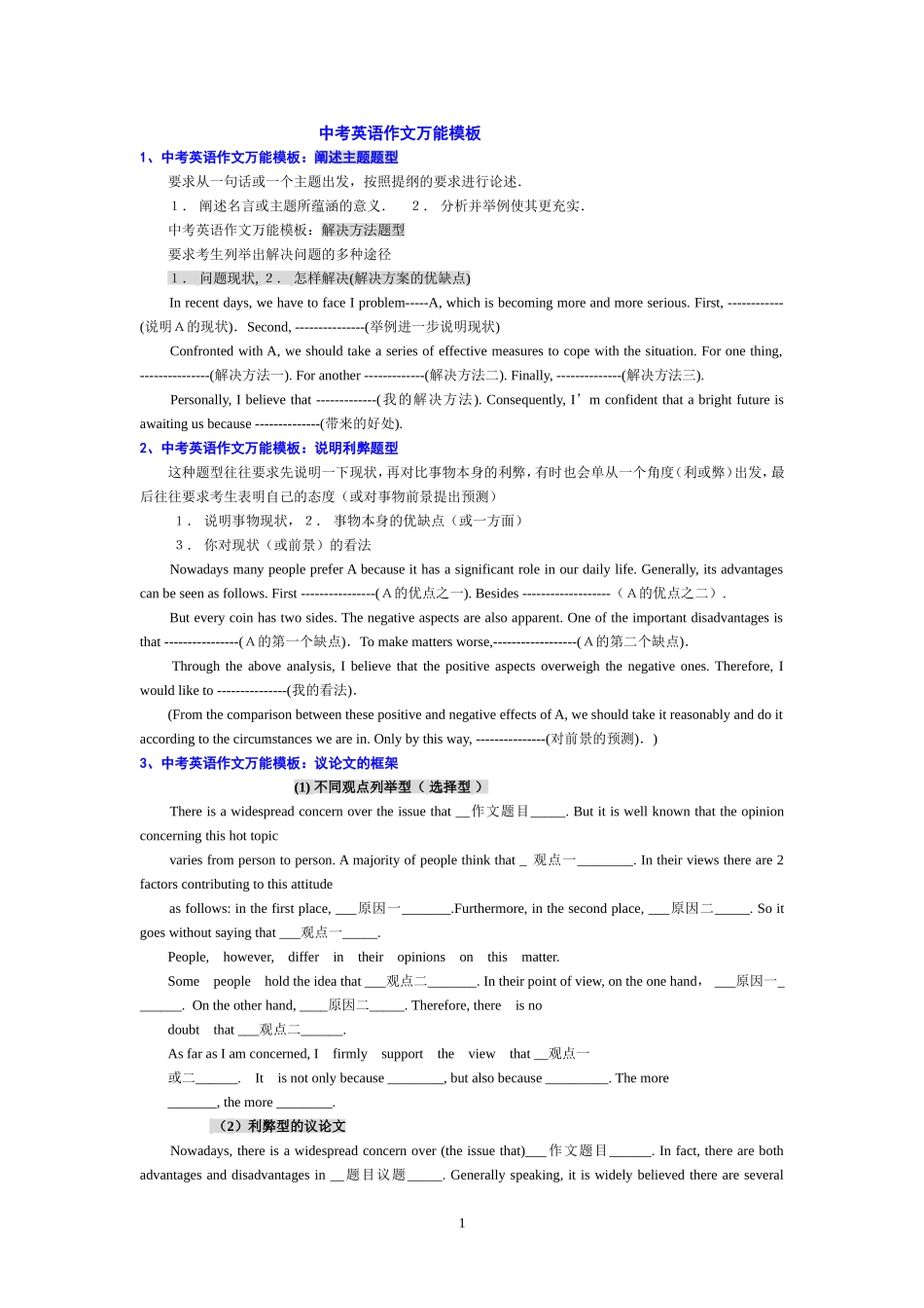 中考英语作文万能模板_第1页