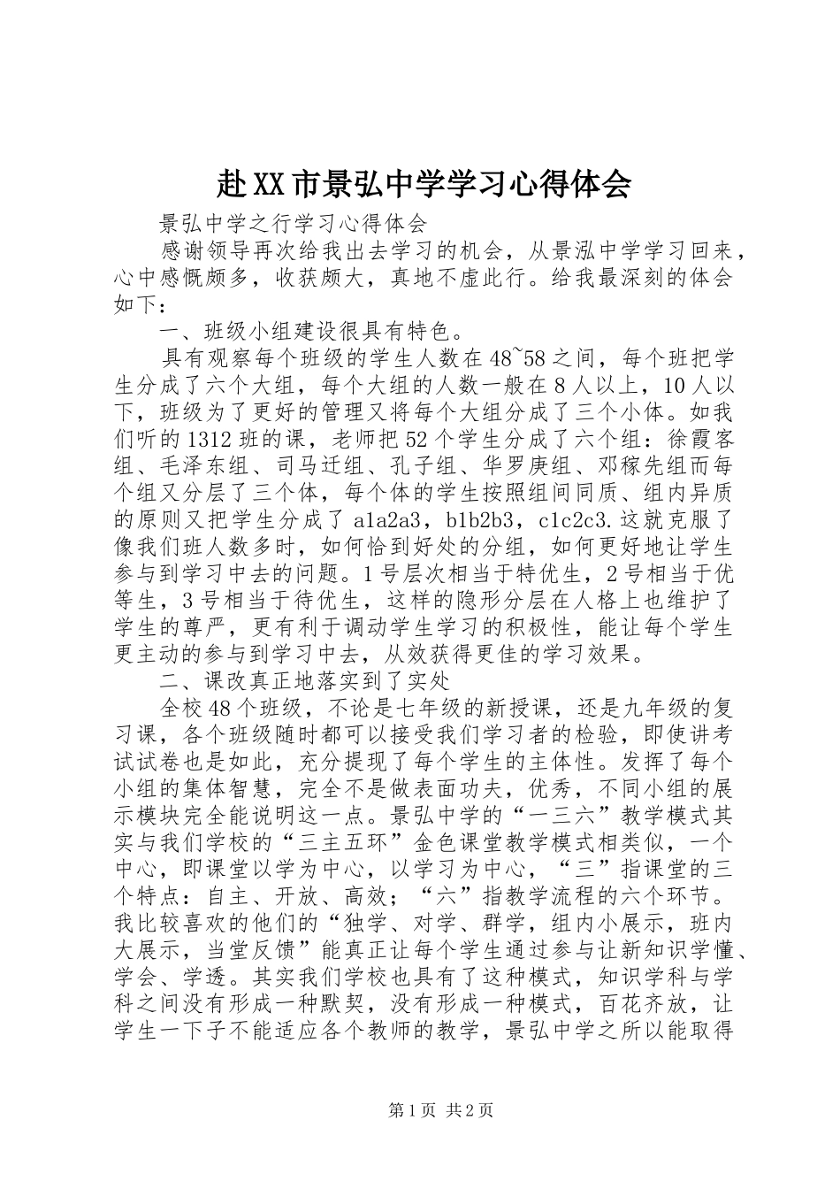 赴XX市景弘中学学习体会心得_第1页