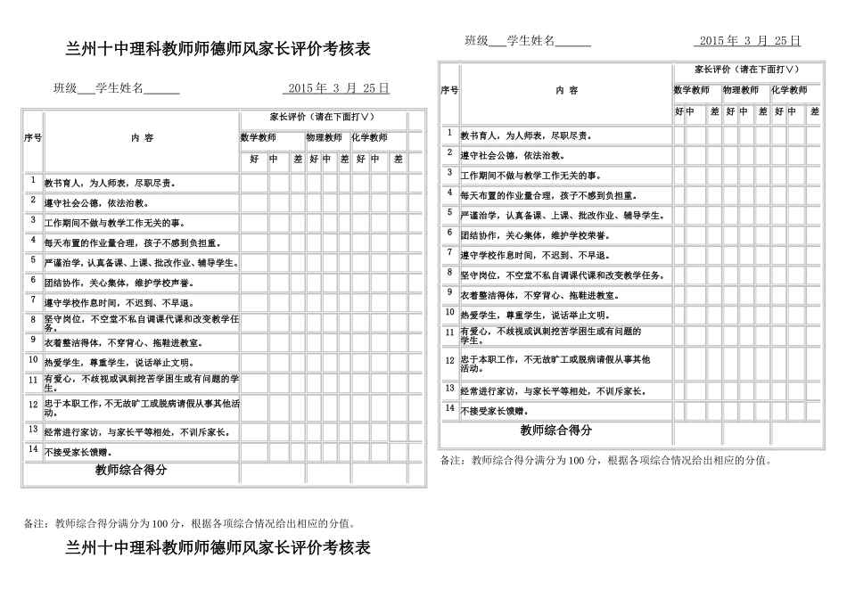 师德师风家长评价表_第1页