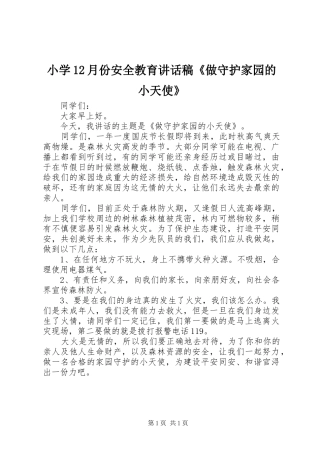 小学月份安全教育讲话发言稿《做守护家园的小天使》