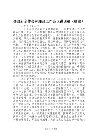 县政府全体会和廉政工作会议讲话发言稿（摘编）