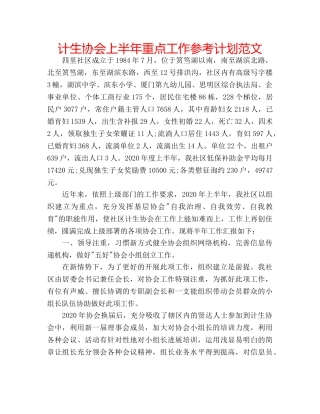 计生协会上半年重点工作参考计划范文 
