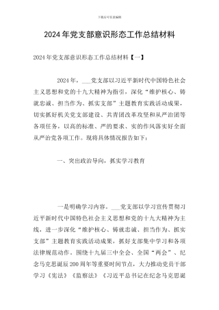 2024年党支部意识形态工作总结材料
