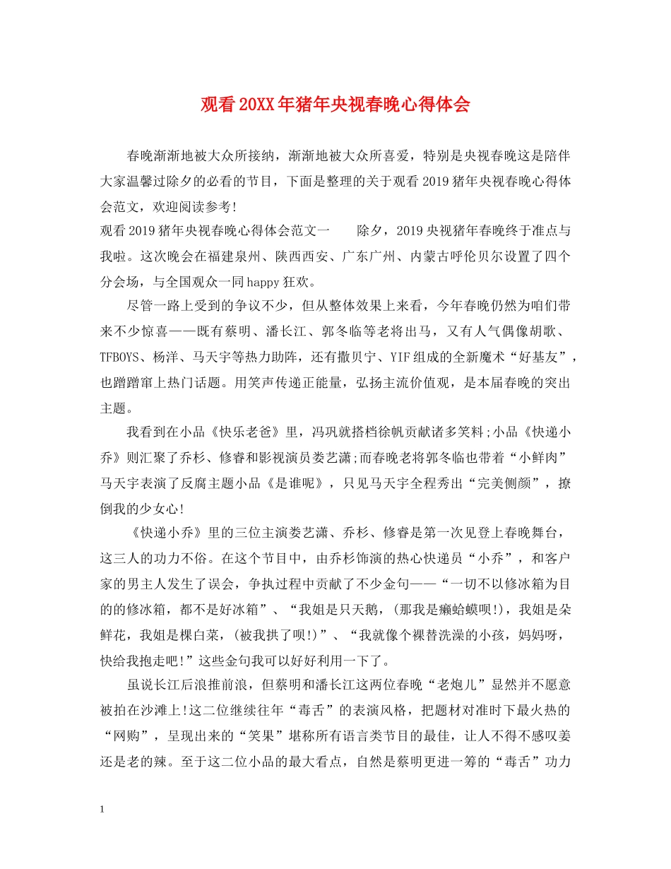 观看20XX年猪年央视春晚心得体会 _第1页