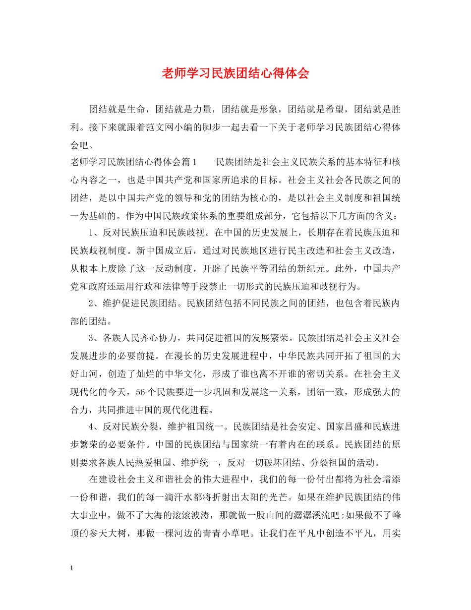 老师学习民族团结心得体会 _第1页