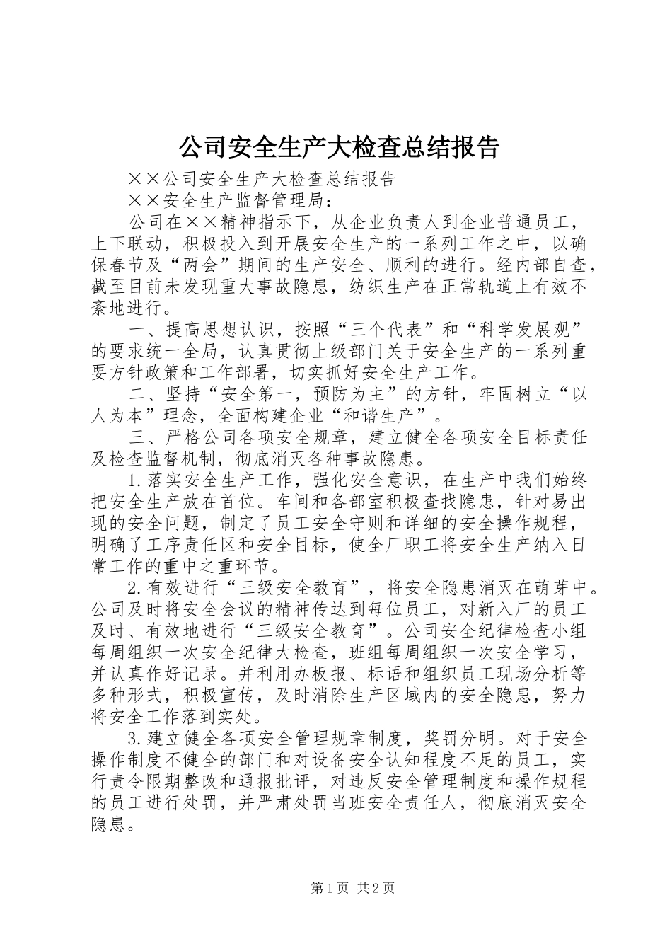 公司安全生产大检查总结报告 _第1页