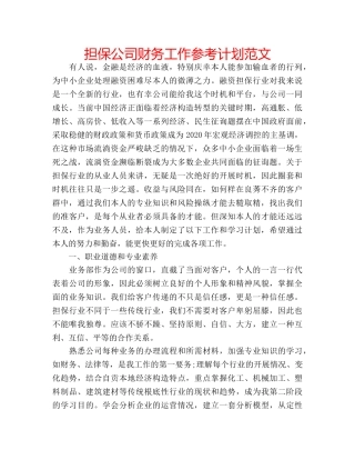 担保公司财务工作参考计划范文 