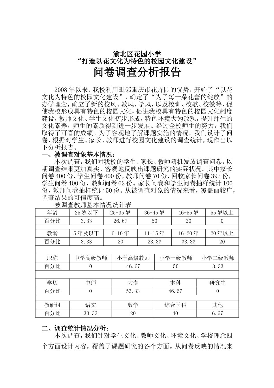 花园小学校园文化建设调查问卷分析报告_第1页