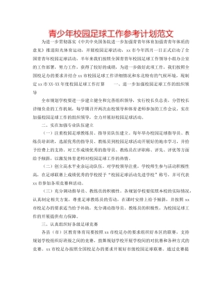 青少年校园足球工作参考计划范文 