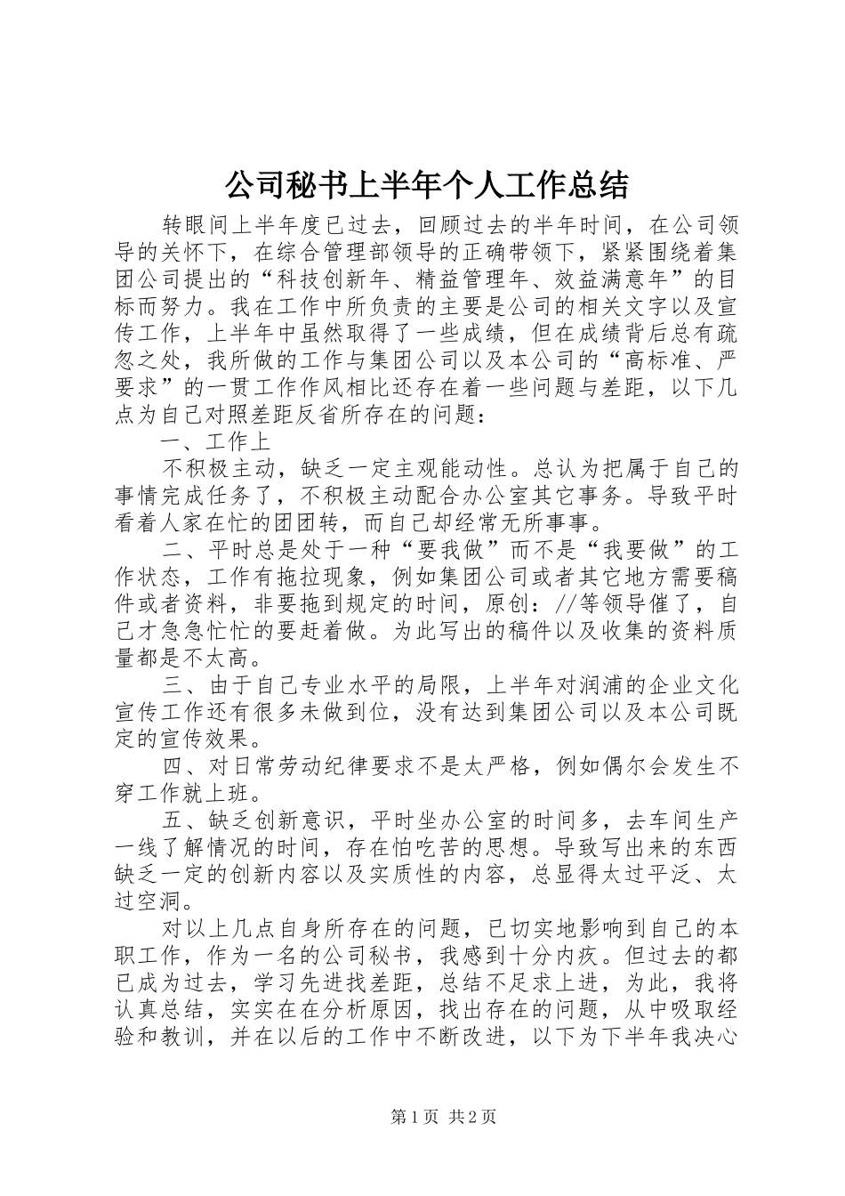 公司秘书上半年个人工作总结 _第1页