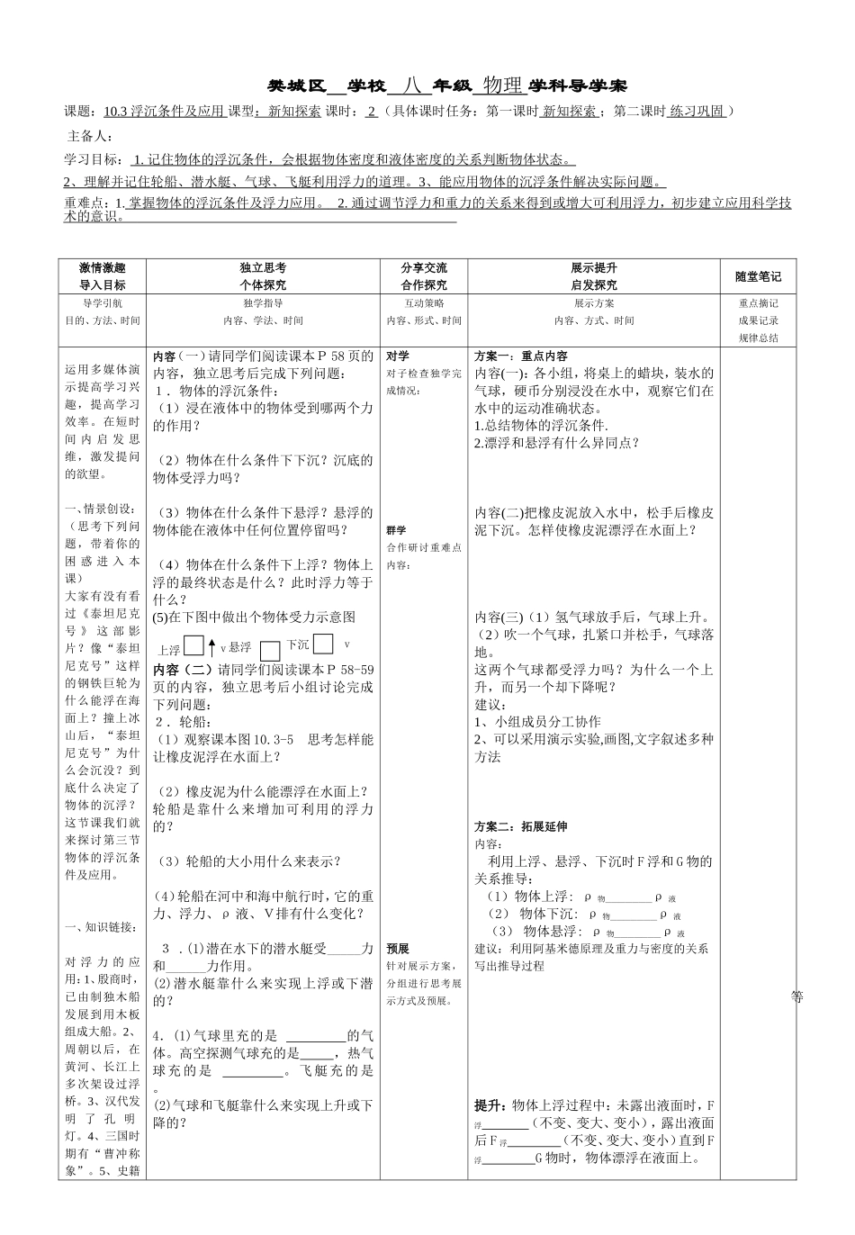 物体浮沉条件及应用导学案修改稿_第1页