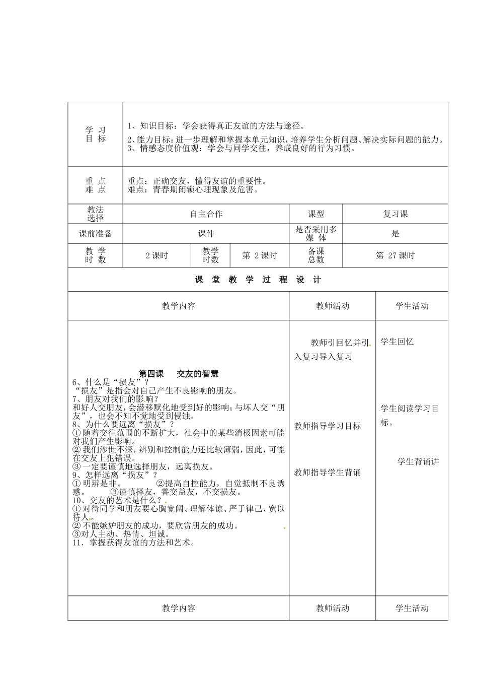 甘肃省瓜州县第二中学八年级政治上册第二单元友谊的天空复习学案（无答案）教科版_第2页