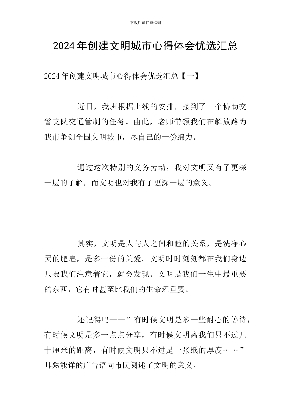 2024年创建文明城市心得体会优选汇总_第1页