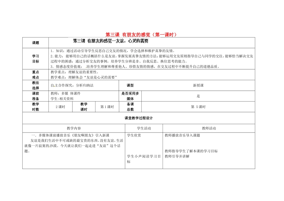 甘肃省瓜州县第二中学八年级政治上册第三课有朋友的感觉（第一课时）学案（无答案）教科版_第1页