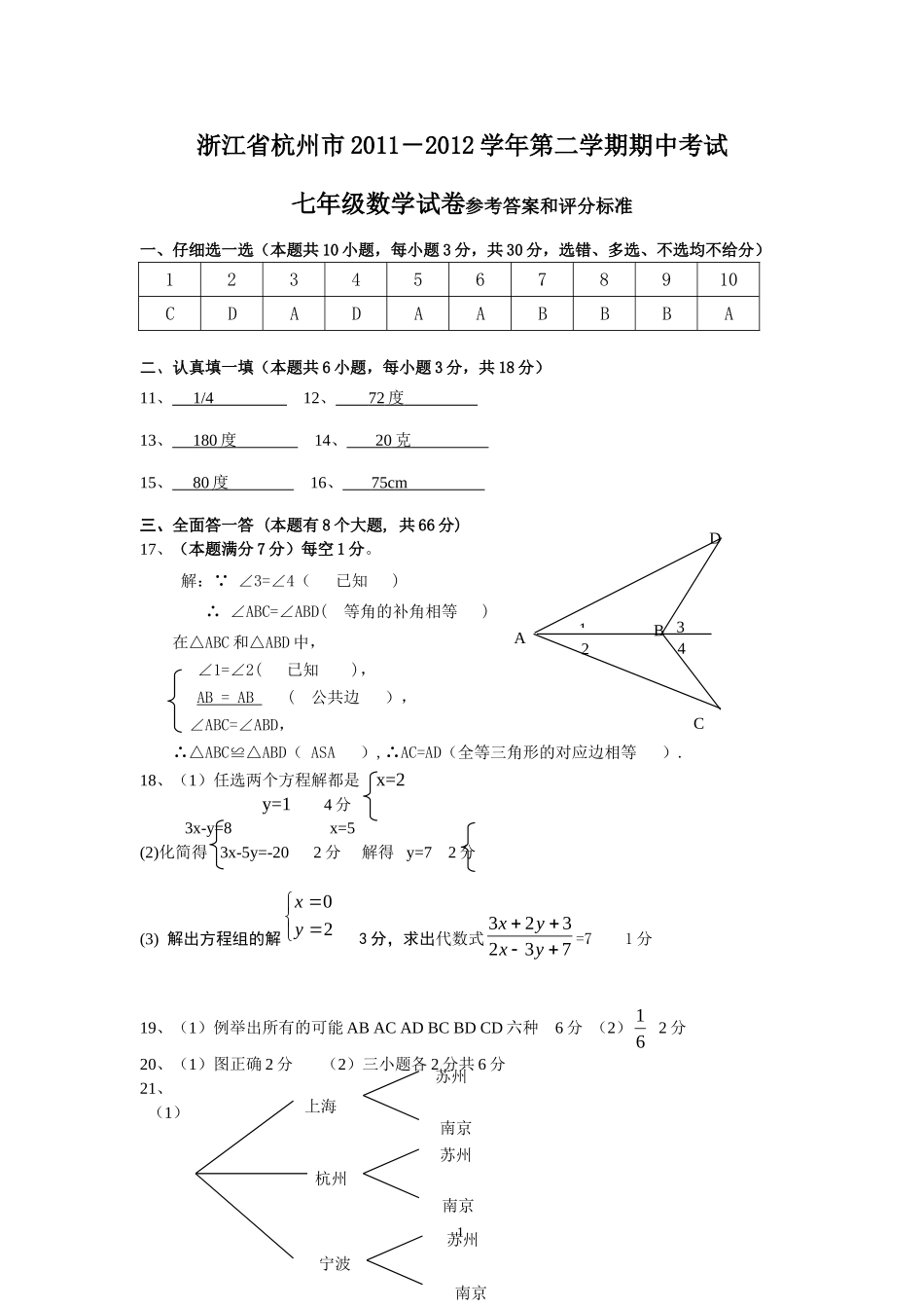 2011-2012学年第二学期七年级数学期中素质检测_参考答案_第1页