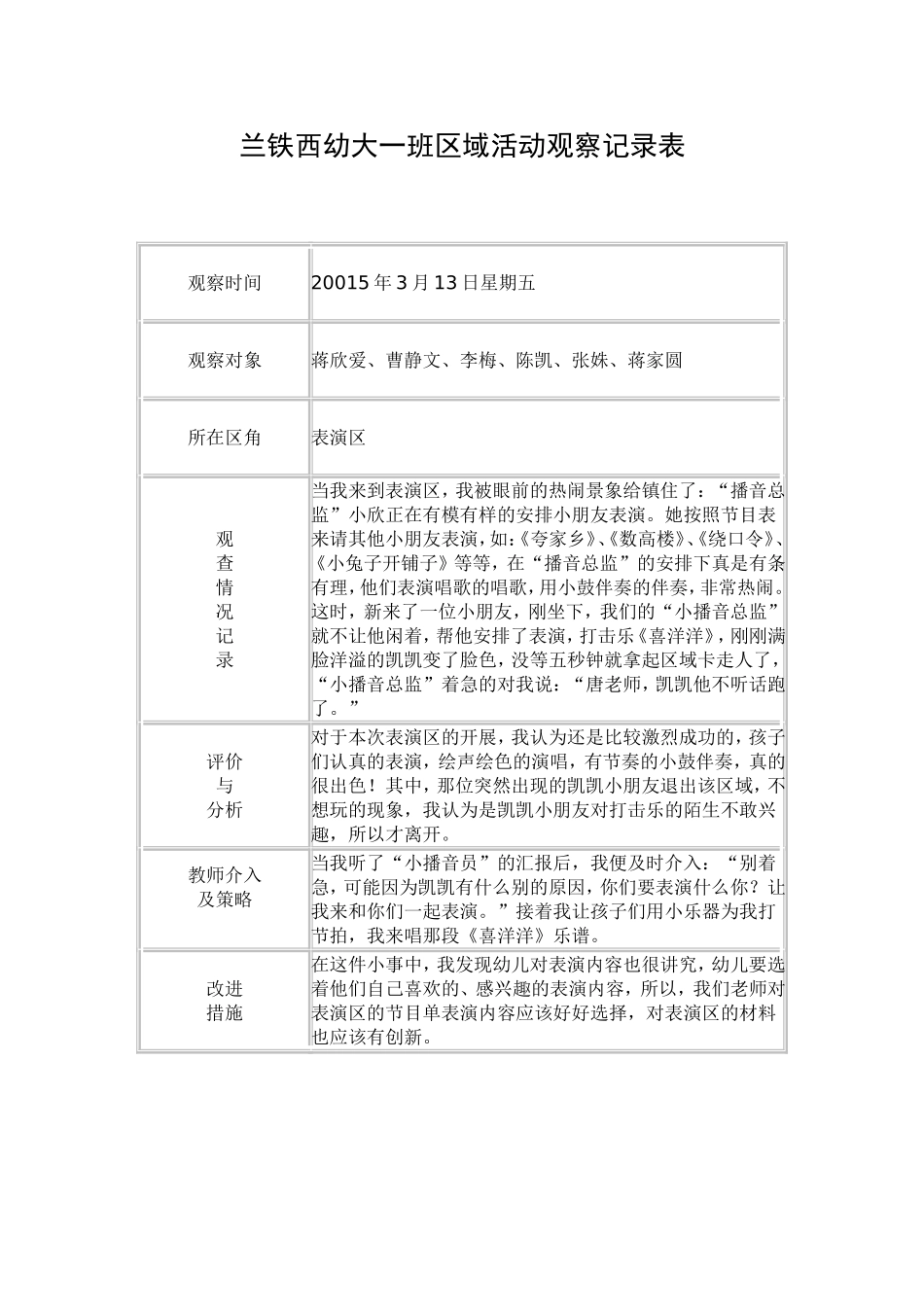 兰铁西幼大一班区域活动观察记录表_第1页