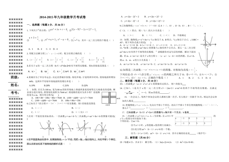 2014-2015年九年级数学月考试卷_第1页