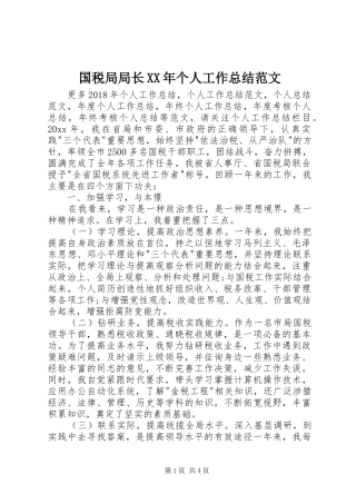 国税局局长XX年个人工作总结范文 