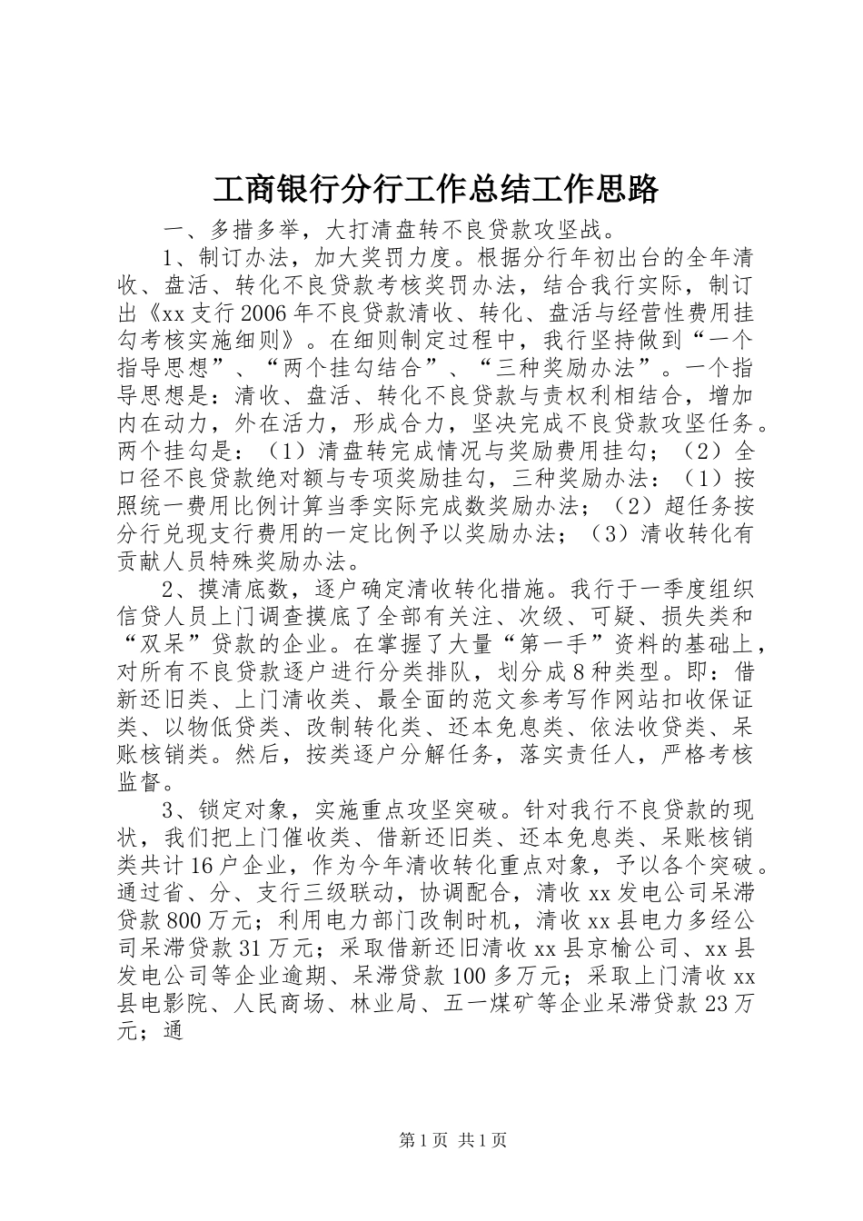工商银行分行工作总结工作思路 _第1页