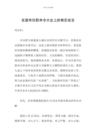 在宣布任职命令大会上的表态发言