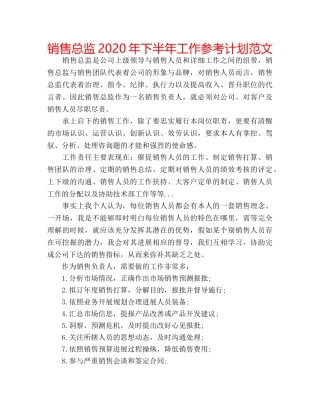 销售总监2020年下半年工作参考计划范文 