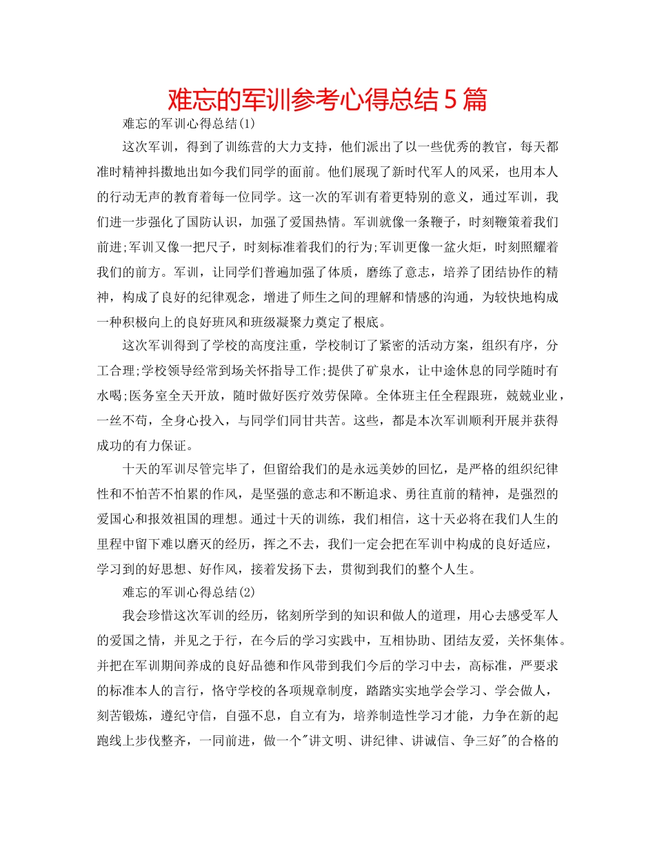 难忘的军训参考心得总结5篇 _第1页