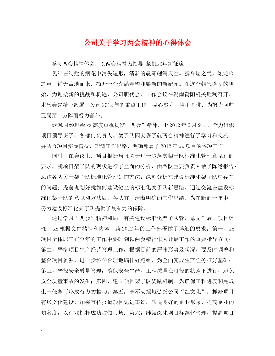 公司关于学习两会精神的心得体会 _第1页