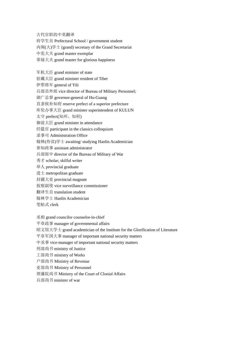 古代官职的中英翻译_第1页