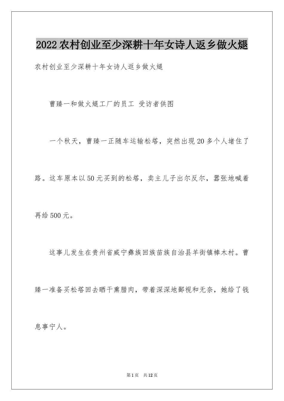 2024农村创业至少深耕十年女诗人返乡做火煺_第1页